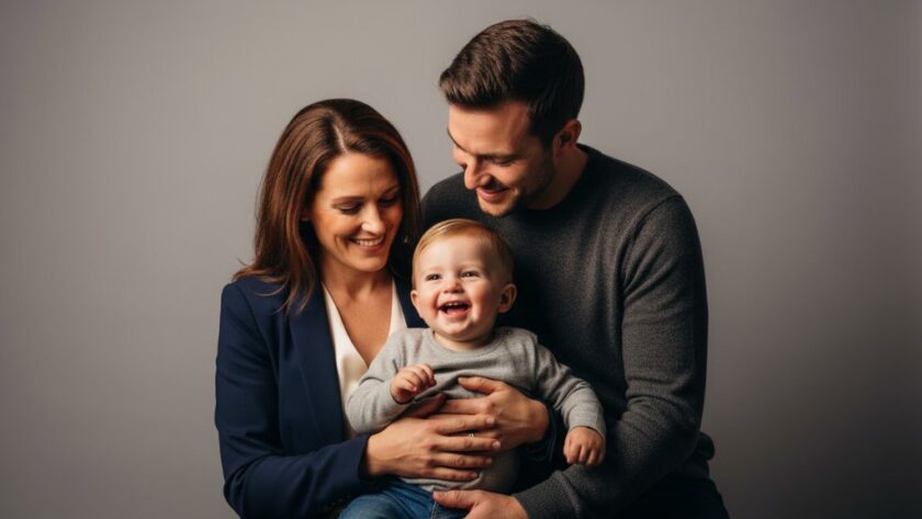 A heartwarming and timeless studio portrait of a Leongatha family, featuring parents and two children laughing genuinely. Soft, professional lighting highlights their faces against a warm, neutral backdrop, capturing an epic moment of connection and joy for Timeless Studio Portraits Leongatha Families.