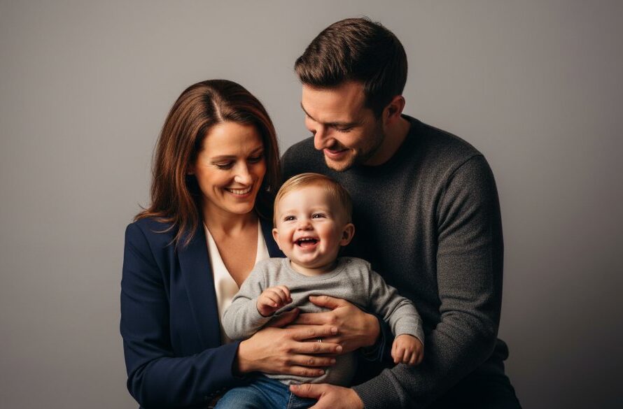 A heartwarming and timeless studio portrait of a Leongatha family, featuring parents and two children laughing genuinely. Soft, professional lighting highlights their faces against a warm, neutral backdrop, capturing an epic moment of connection and joy for Timeless Studio Portraits Leongatha Families.