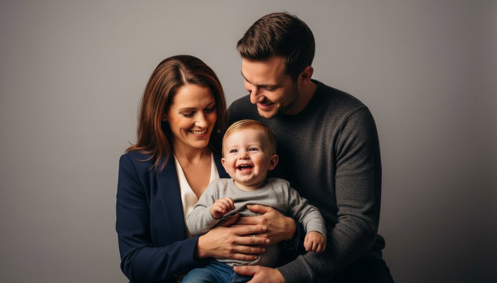 A heartwarming and timeless studio portrait of a Leongatha family, featuring parents and two children laughing genuinely. Soft, professional lighting highlights their faces against a warm, neutral backdrop, capturing an epic moment of connection and joy for Timeless Studio Portraits Leongatha Families.