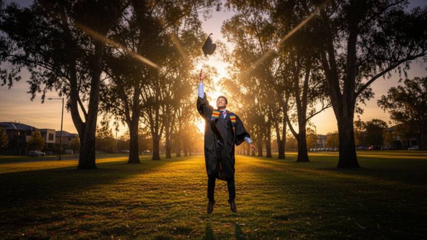 A proud graduate in their cap and gown, joyfully tossing their mortarboard against a vibrant Wantirna sunset backdrop, perfectly embodying Timeless Wantirna Graduation Photography Keepsakes. The student is silhouetted against a golden sky, with dramatic lens flare, celebrating an epic academic achievement in a dynamic, professional portrait.