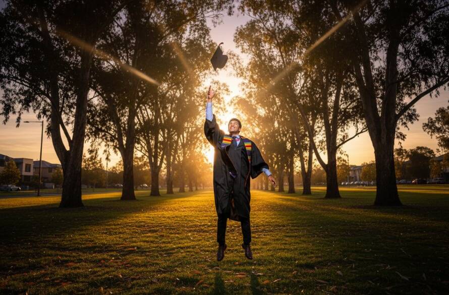 A proud graduate in their cap and gown, joyfully tossing their mortarboard against a vibrant Wantirna sunset backdrop, perfectly embodying Timeless Wantirna Graduation Photography Keepsakes. The student is silhouetted against a golden sky, with dramatic lens flare, celebrating an epic academic achievement in a dynamic, professional portrait.