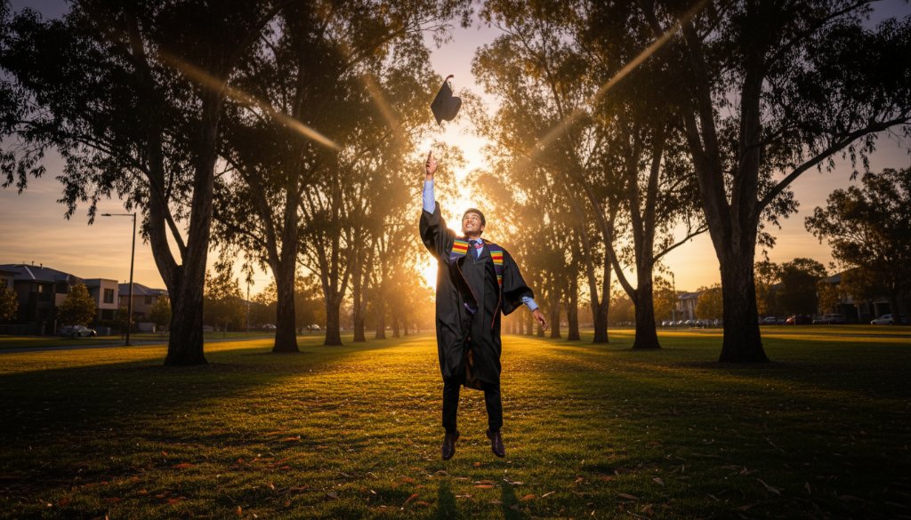 A proud graduate in their cap and gown, joyfully tossing their mortarboard against a vibrant Wantirna sunset backdrop, perfectly embodying Timeless Wantirna Graduation Photography Keepsakes. The student is silhouetted against a golden sky, with dramatic lens flare, celebrating an epic academic achievement in a dynamic, professional portrait.
