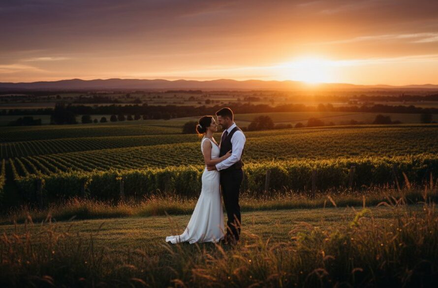 A newlywed couple shares an intimate, joyful embrace at sunset, silhouetted against the rolling hills near a stunning Warragul wedding venue, embodying timeless Warragul wedding photography at stunning venues with dramatic, warm light.