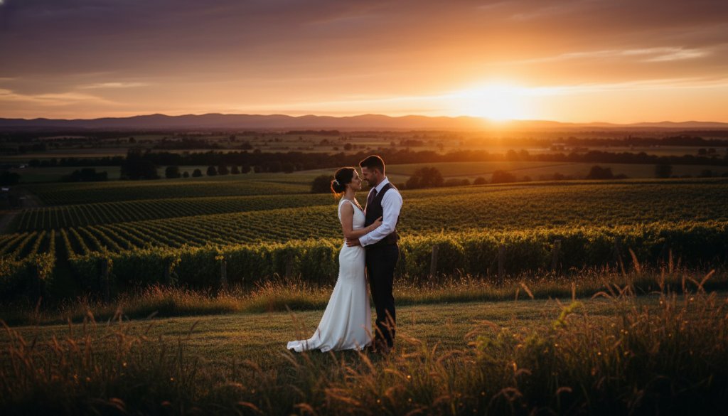 A newlywed couple shares an intimate, joyful embrace at sunset, silhouetted against the rolling hills near a stunning Warragul wedding venue, embodying timeless Warragul wedding photography at stunning venues with dramatic, warm light.