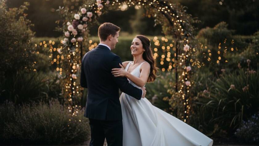 A newlywed couple sharing a tender, timeless kiss amidst the golden hour glow in a beautiful garden setting in Deer Park, Victoria, symbolising their romantic wedding photography journey.