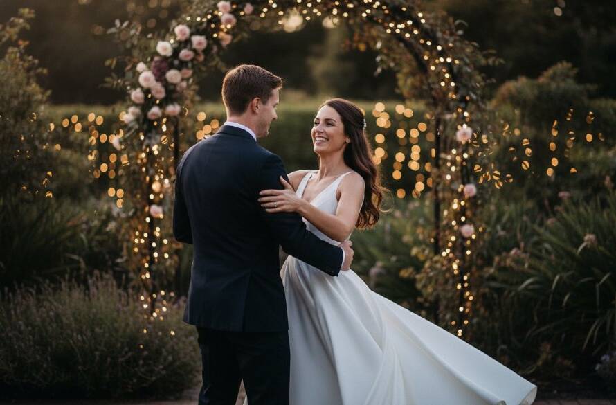 A newlywed couple sharing a tender, timeless kiss amidst the golden hour glow in a beautiful garden setting in Deer Park, Victoria, symbolising their romantic wedding photography journey.