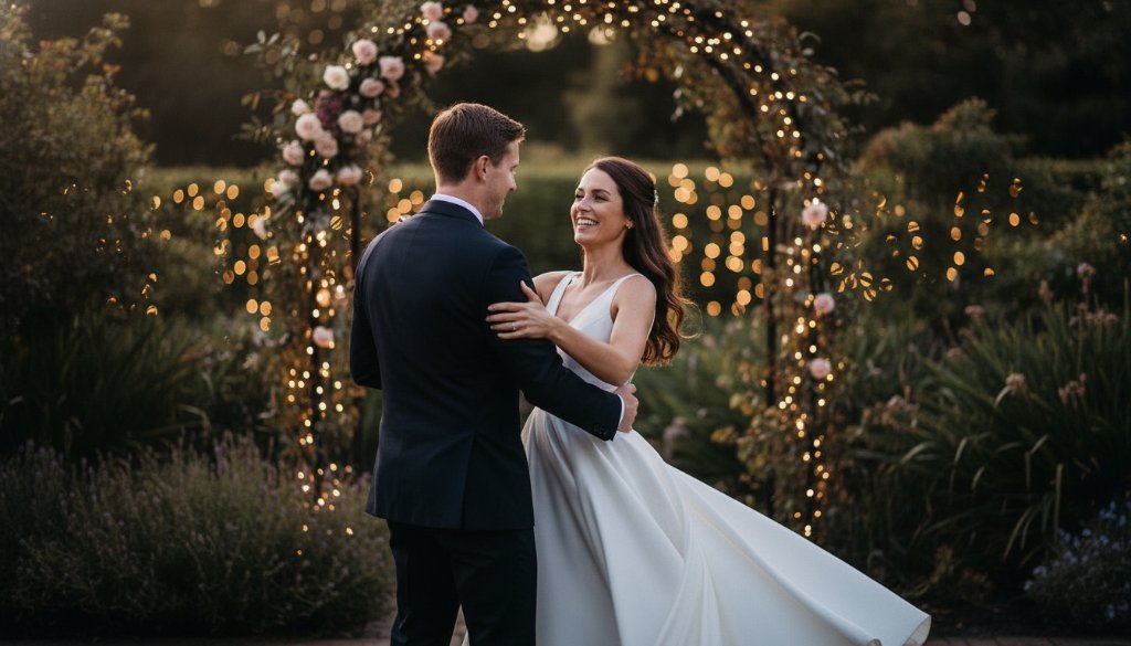 A newlywed couple sharing a tender, timeless kiss amidst the golden hour glow in a beautiful garden setting in Deer Park, Victoria, symbolising their romantic wedding photography journey.