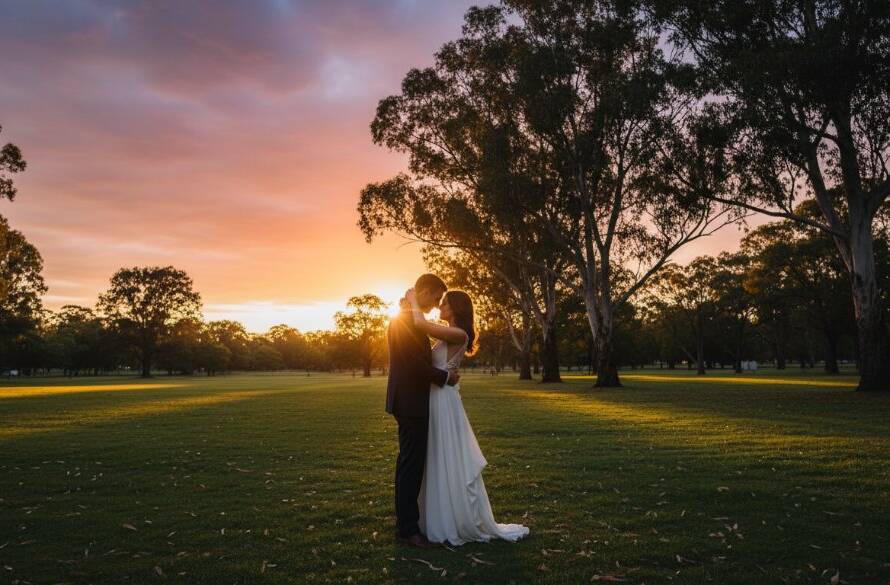 A stunning wide-angle photograph capturing a newly married couple sharing a passionate embrace amidst the lush greenery of an Oakleigh East park at sunset, illuminated by a warm golden hour glow, embodying Timeless Wedding Photography Oakleigh East Joyful Moments.