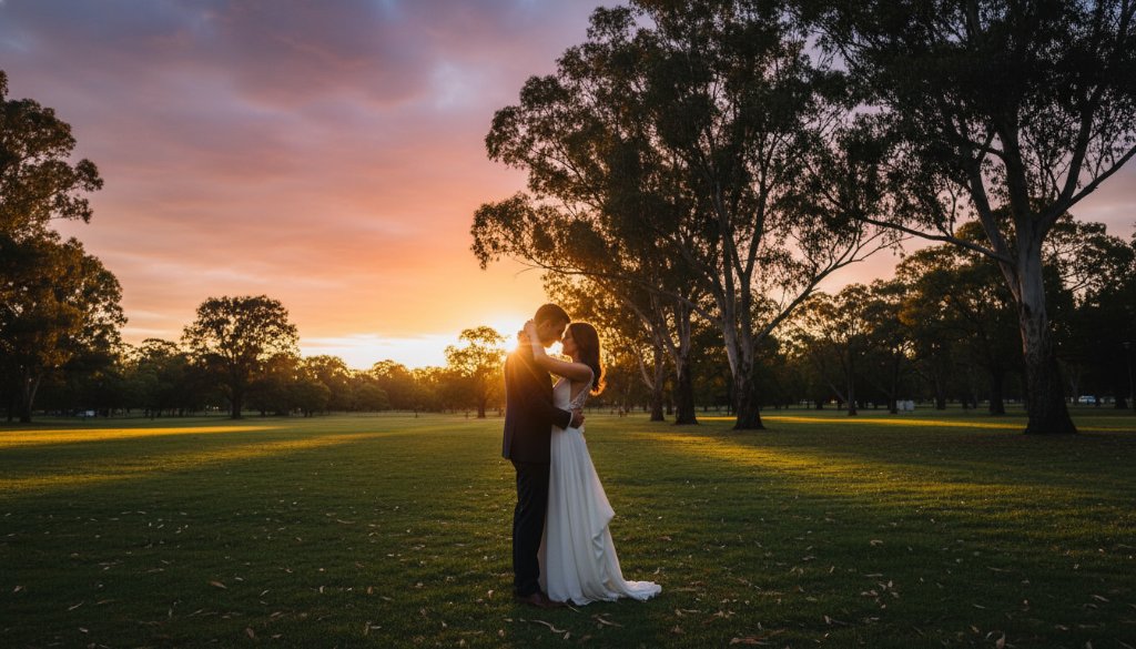 A stunning wide-angle photograph capturing a newly married couple sharing a passionate embrace amidst the lush greenery of an Oakleigh East park at sunset, illuminated by a warm golden hour glow, embodying Timeless Wedding Photography Oakleigh East Joyful Moments.
