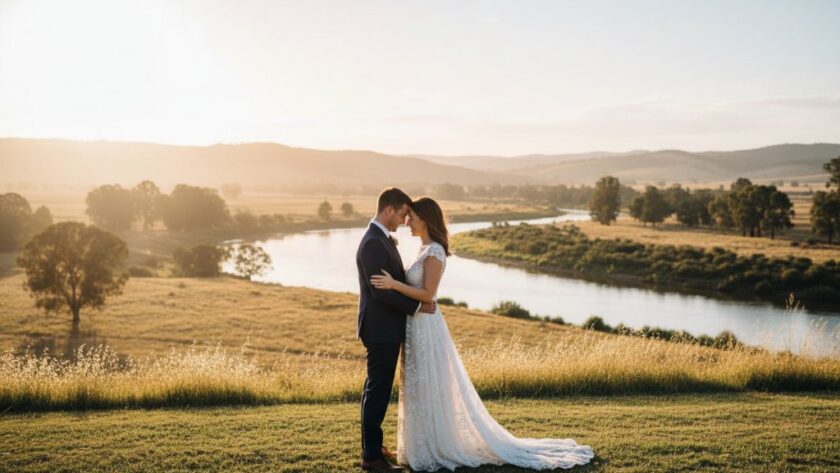 An exquisite, professionally colour-graded photograph showcasing timeless wedding photography Seymour Victoria, featuring a newlywed couple sharing a tender, emotional moment against the warm, golden light of a setting sun over the Goulburn River landscape.