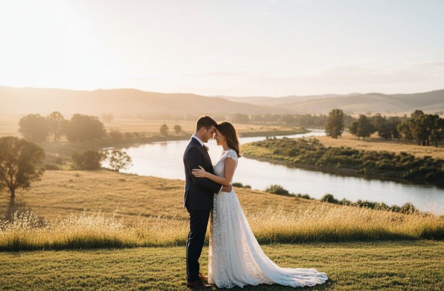An exquisite, professionally colour-graded photograph showcasing timeless wedding photography Seymour Victoria, featuring a newlywed couple sharing a tender, emotional moment against the warm, golden light of a setting sun over the Goulburn River landscape.