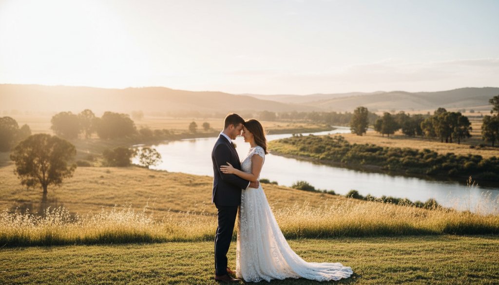 An exquisite, professionally colour-graded photograph showcasing timeless wedding photography Seymour Victoria, featuring a newlywed couple sharing a tender, emotional moment against the warm, golden light of a setting sun over the Goulburn River landscape.