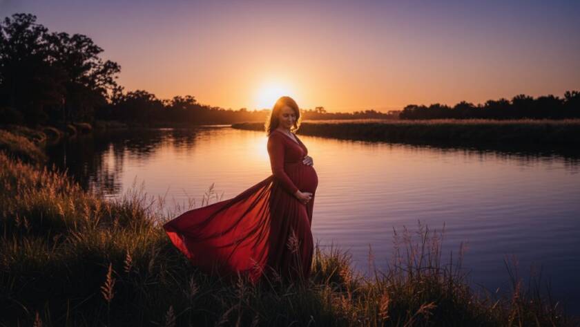 An epic moment captured in a timeless Werribee maternity photography session, featuring a radiant pregnant woman in a flowing gown at sunset, silhouetted against the iconic Werribee River, with dramatic golden light, evoking peace and anticipation.