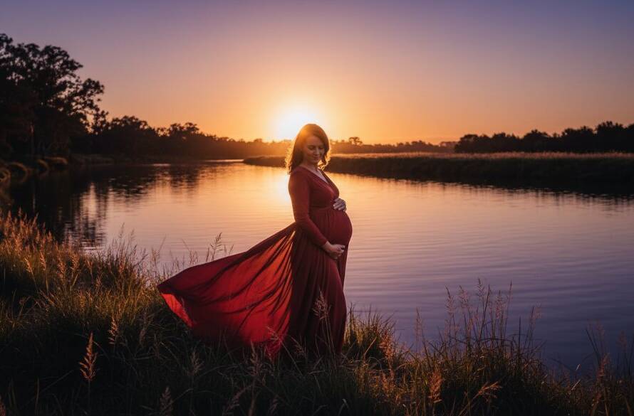 An epic moment captured in a timeless Werribee maternity photography session, featuring a radiant pregnant woman in a flowing gown at sunset, silhouetted against the iconic Werribee River, with dramatic golden light, evoking peace and anticipation.