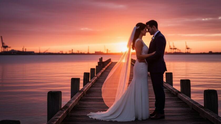 A stunning, cinematic 'epic moment' photograph showcasing timeless Williamstown North wedding photography storytelling, with a newlywed couple embracing passionately against a dramatic sunset sky over Port Phillip Bay, Williamstown North, their faces illuminated by golden light and the iconic industrial backdrop subtly visible.