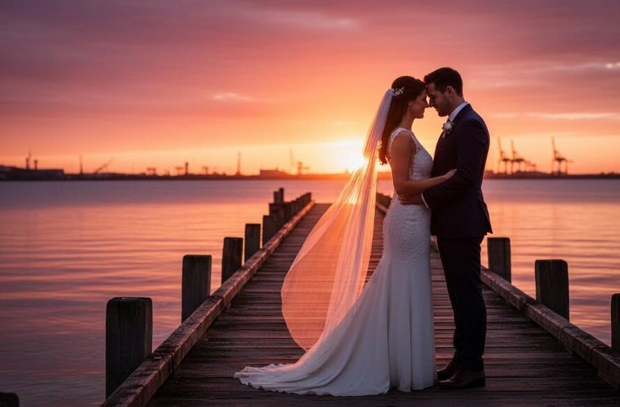 A stunning, cinematic 'epic moment' photograph showcasing timeless Williamstown North wedding photography storytelling, with a newlywed couple embracing passionately against a dramatic sunset sky over Port Phillip Bay, Williamstown North, their faces illuminated by golden light and the iconic industrial backdrop subtly visible.