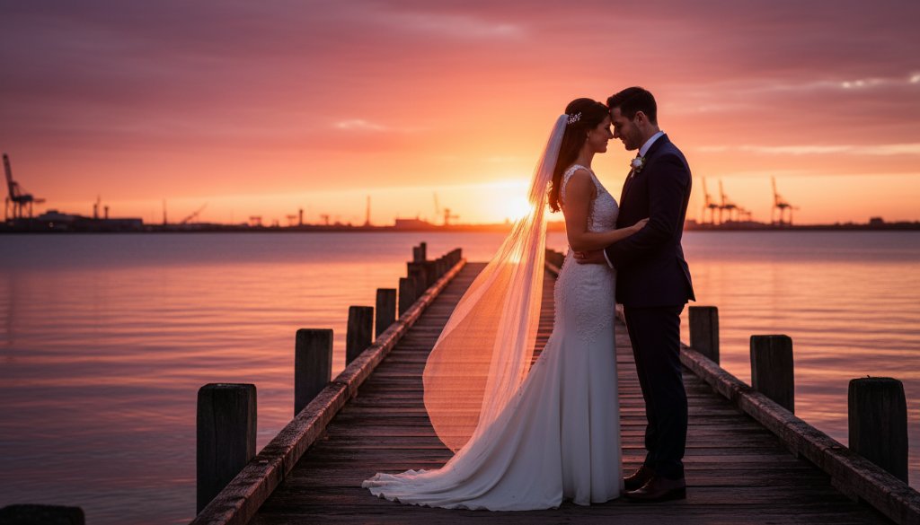 A stunning, cinematic 'epic moment' photograph showcasing timeless Williamstown North wedding photography storytelling, with a newlywed couple embracing passionately against a dramatic sunset sky over Port Phillip Bay, Williamstown North, their faces illuminated by golden light and the iconic industrial backdrop subtly visible.
