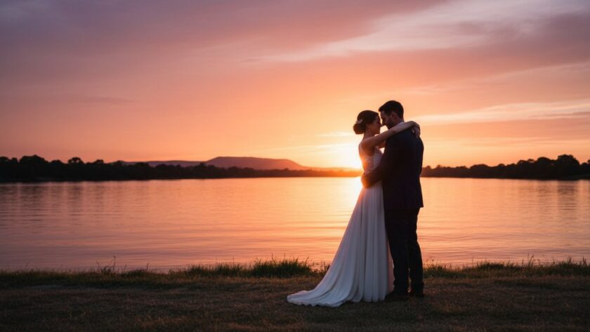 A newly married couple sharing a joyous, candid moment at sunset on the banks of the Murray River near Wodonga, their laughter echoing through the golden light. This timeless Wodonga wedding photography capturing genuine joy shows their authentic connection.