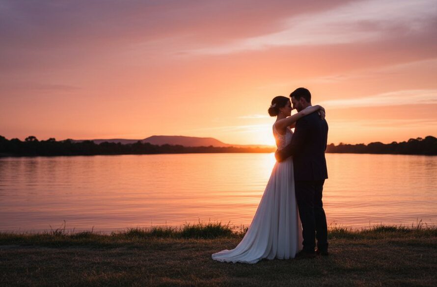 A newly married couple sharing a joyous, candid moment at sunset on the banks of the Murray River near Wodonga, their laughter echoing through the golden light. This timeless Wodonga wedding photography capturing genuine joy shows their authentic connection.
