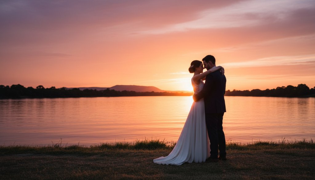 A newly married couple sharing a joyous, candid moment at sunset on the banks of the Murray River near Wodonga, their laughter echoing through the golden light. This timeless Wodonga wedding photography capturing genuine joy shows their authentic connection.