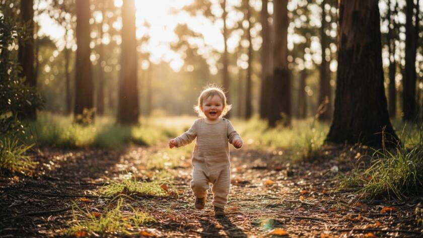 An epic moment of joyful toddler photography in Park Orchards Victoria, showing a child laughing while running through dappled sunlight in a leafy park, with golden light filtering through trees, captured with professional depth and colour.