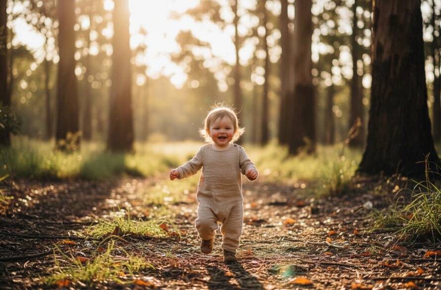 An epic moment of joyful toddler photography in Park Orchards Victoria, showing a child laughing while running through dappled sunlight in a leafy park, with golden light filtering through trees, captured with professional depth and colour.