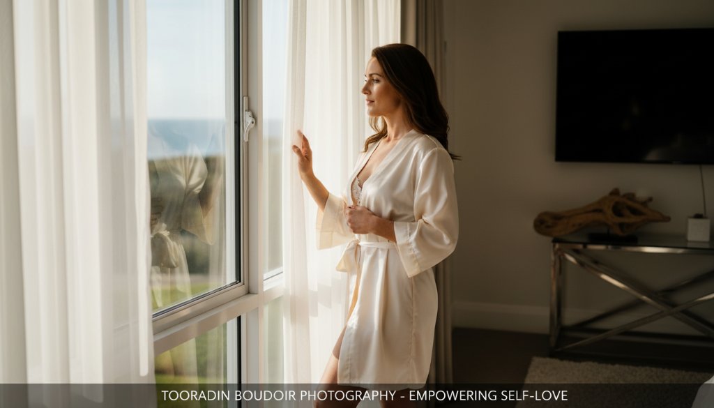 A stunning, professionally lit and colour-graded photograph featuring a woman embracing her unique beauty, bathed in soft, natural light filtering through sheer curtains in a luxurious, private Tooradin setting, capturing an intimate boudoir photography for empowering self-love moment of quiet confidence and elegance.