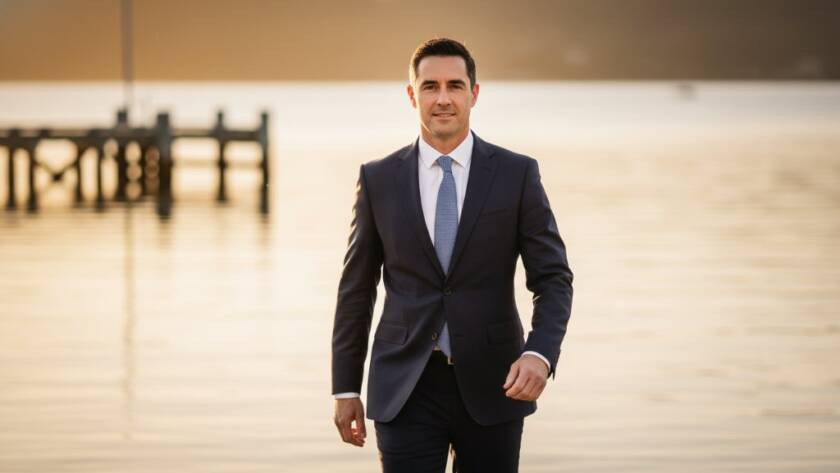 Dynamic portrait of a confident male business professional, with the Tooradin foreshore and pier in the soft-focus background at sunset, capturing professional Tooradin corporate headshots for local business professionals, with warm, cinematic lighting and a slight lens flare, showcasing leadership and approachability.