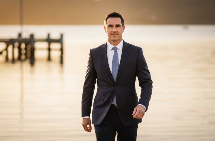 Dynamic portrait of a confident male business professional, with the Tooradin foreshore and pier in the soft-focus background at sunset, capturing professional Tooradin corporate headshots for local business professionals, with warm, cinematic lighting and a slight lens flare, showcasing leadership and approachability.