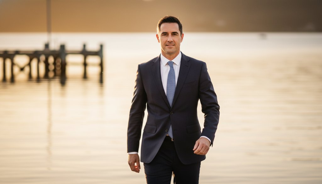 Dynamic portrait of a confident male business professional, with the Tooradin foreshore and pier in the soft-focus background at sunset, capturing professional Tooradin corporate headshots for local business professionals, with warm, cinematic lighting and a slight lens flare, showcasing leadership and approachability.