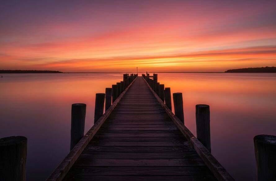 An epic moment of a dramatic sunset over the Tooradin foreshore, with a lone, gnarled tree silhouetted against the vibrant sky, perfect for Tooradin fine art photography coastal landscape prints.