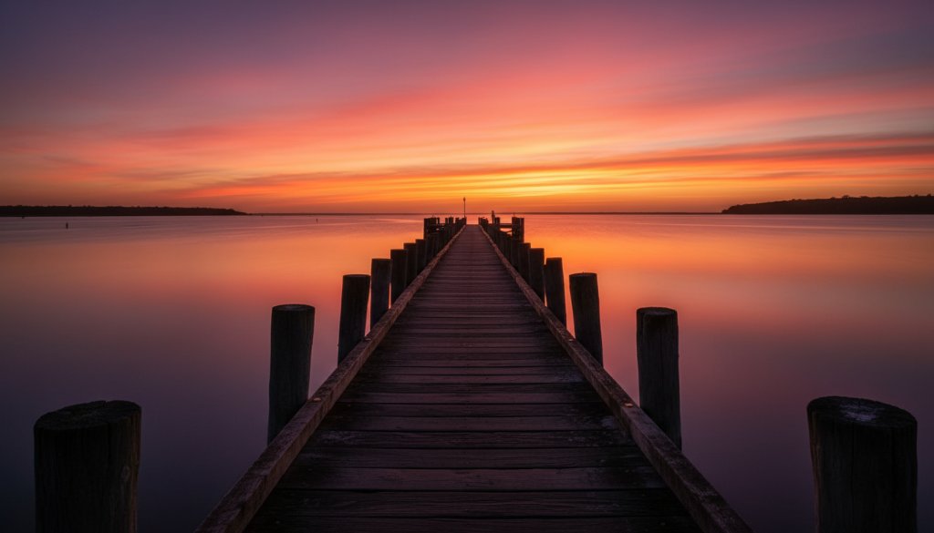 An epic moment of a dramatic sunset over the Tooradin foreshore, with a lone, gnarled tree silhouetted against the vibrant sky, perfect for Tooradin fine art photography coastal landscape prints.