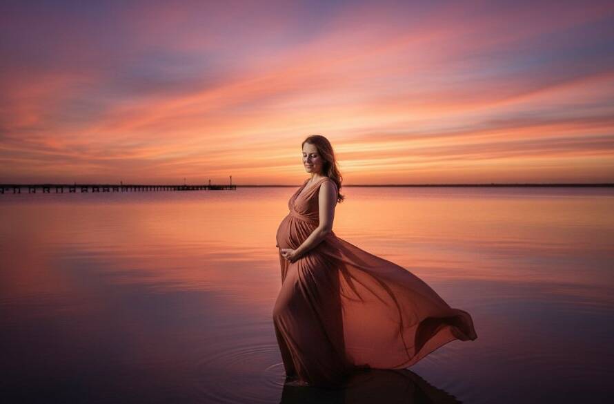 A breathtaking 'epic moment' photograph of an expectant mother glowing against the golden hour sun during a Tooradin foreshore maternity photography session, with the calm bay waters reflecting the vibrant sunset colours.