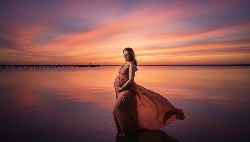 A breathtaking 'epic moment' photograph of an expectant mother glowing against the golden hour sun during a Tooradin foreshore maternity photography session, with the calm bay waters reflecting the vibrant sunset colours.