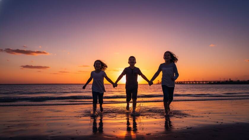A professional photograph of three children laughing joyfully on the Tooradin foreshore at sunset, silhouetted against a golden sky, perfectly illustrating Tooradin kids photography capturing genuine childhood joy with dramatic lighting and warm tones.