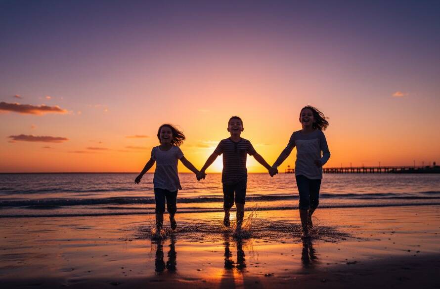 A professional photograph of three children laughing joyfully on the Tooradin foreshore at sunset, silhouetted against a golden sky, perfectly illustrating Tooradin kids photography capturing genuine childhood joy with dramatic lighting and warm tones.
