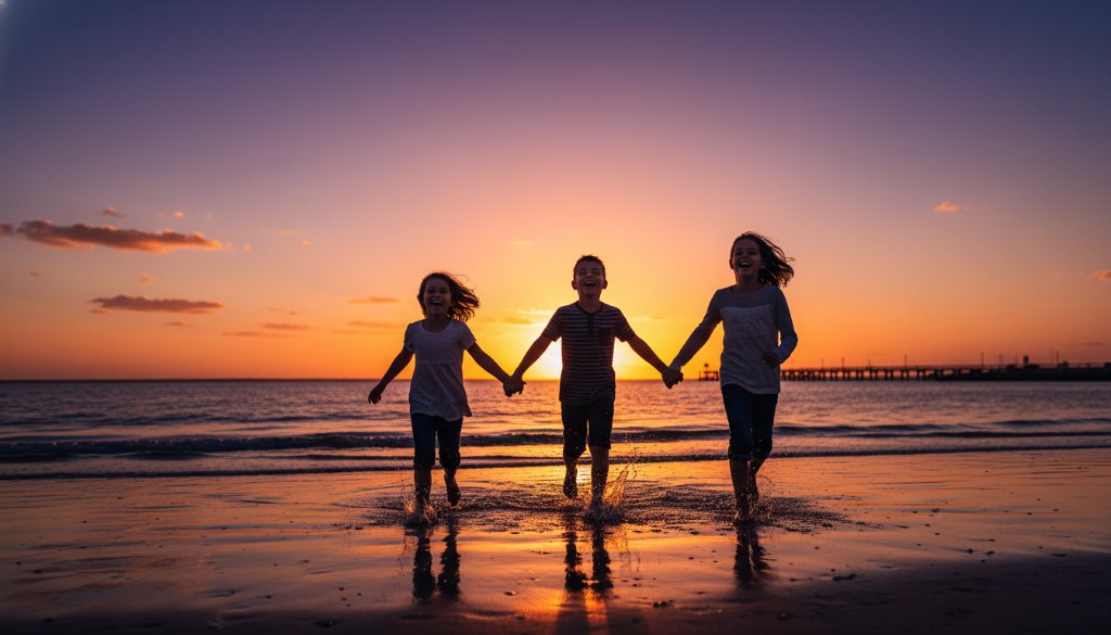 A professional photograph of three children laughing joyfully on the Tooradin foreshore at sunset, silhouetted against a golden sky, perfectly illustrating Tooradin kids photography capturing genuine childhood joy with dramatic lighting and warm tones.