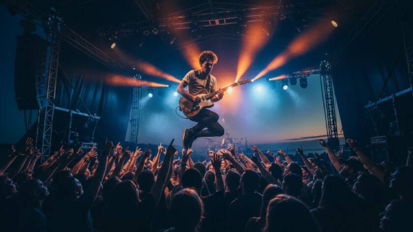 An electrifying wide-angle shot of a lead guitarist mid-shred under dramatic stage lights, with the enthusiastic crowd blurred in the foreground, showcasing Tooradin live music photography vibrant moments and the raw energy of a live performance.