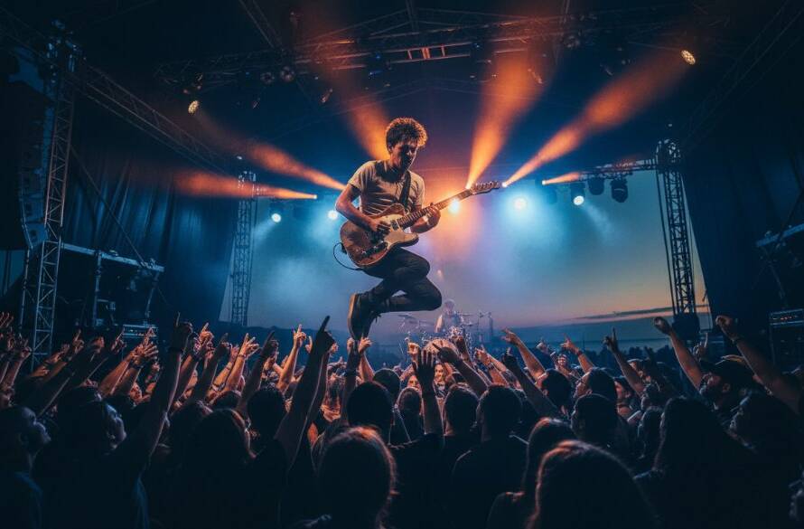 An electrifying wide-angle shot of a lead guitarist mid-shred under dramatic stage lights, with the enthusiastic crowd blurred in the foreground, showcasing Tooradin live music photography vibrant moments and the raw energy of a live performance.