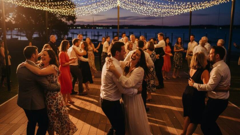 An epic moment from Tooradin party photography, showing guests laughing and dancing under string lights at a waterfront venue, professionally captured with vibrant colours and dynamic composition.
