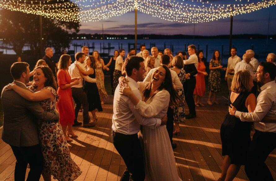 An epic moment from Tooradin party photography, showing guests laughing and dancing under string lights at a waterfront venue, professionally captured with vibrant colours and dynamic composition.