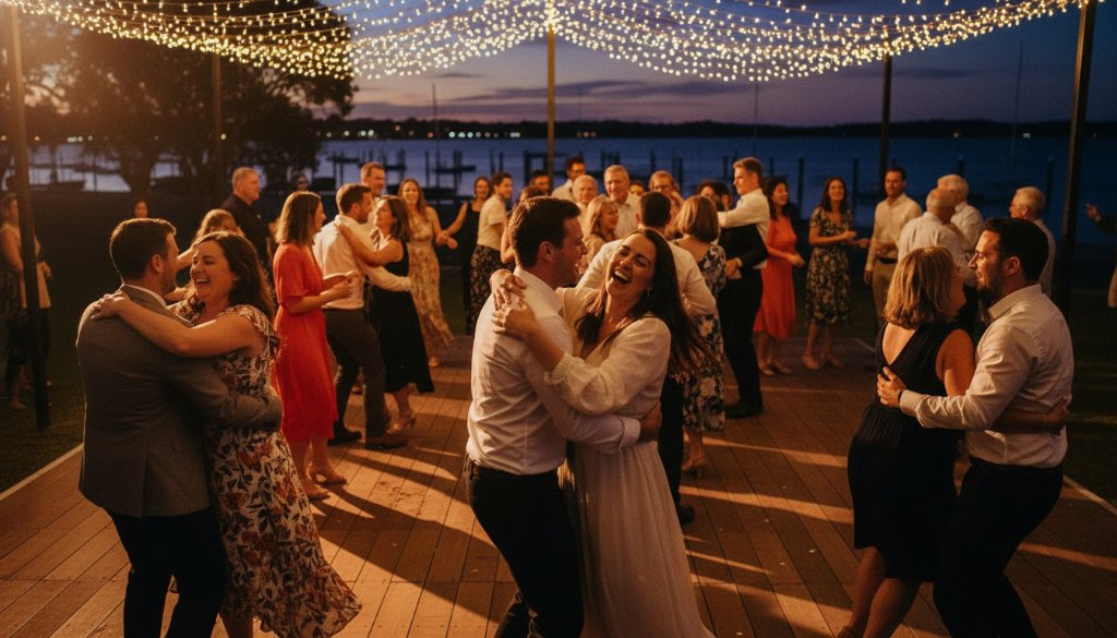 An epic moment from Tooradin party photography, showing guests laughing and dancing under string lights at a waterfront venue, professionally captured with vibrant colours and dynamic composition.