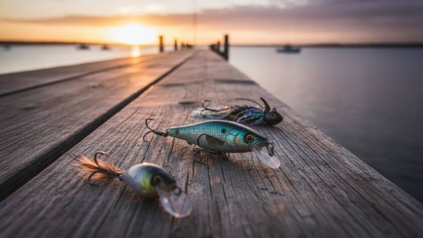 A meticulously composed, dramatically lit 'epic moment' photograph of artisanal handcrafted coastal-themed candles, possibly made from local Tooradin beeswax, placed elegantly on weathered pier timber with the gentle, hazy backdrop of Western Port Bay at sunset, showcasing detailed textures and a warm, inviting glow. The image captures the essence of professional Tooradin product photography services, emphasizing local craft.