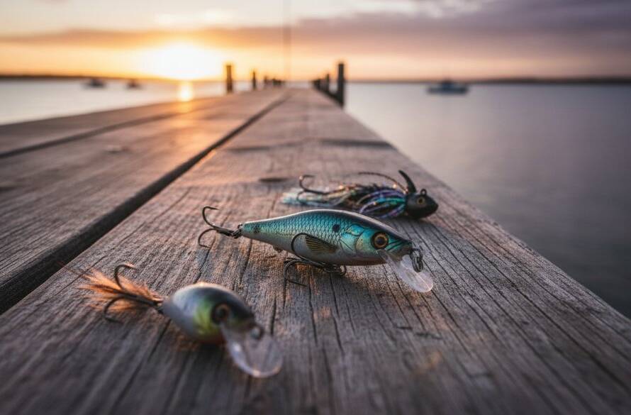 A meticulously composed, dramatically lit 'epic moment' photograph of artisanal handcrafted coastal-themed candles, possibly made from local Tooradin beeswax, placed elegantly on weathered pier timber with the gentle, hazy backdrop of Western Port Bay at sunset, showcasing detailed textures and a warm, inviting glow. The image captures the essence of professional Tooradin product photography services, emphasizing local craft.