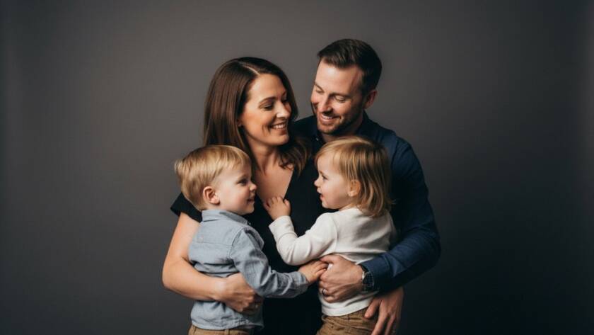 A heartwarming, professionally lit studio portrait of a multi-generational family in Tooradin, joyfully embracing, capturing an epic moment of connection through Tooradin professional studio photography for bespoke family portraits, with soft, elegant backlighting and a focus on genuine expressions.