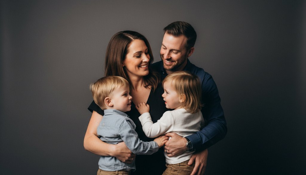 A heartwarming, professionally lit studio portrait of a multi-generational family in Tooradin, joyfully embracing, capturing an epic moment of connection through Tooradin professional studio photography for bespoke family portraits, with soft, elegant backlighting and a focus on genuine expressions.