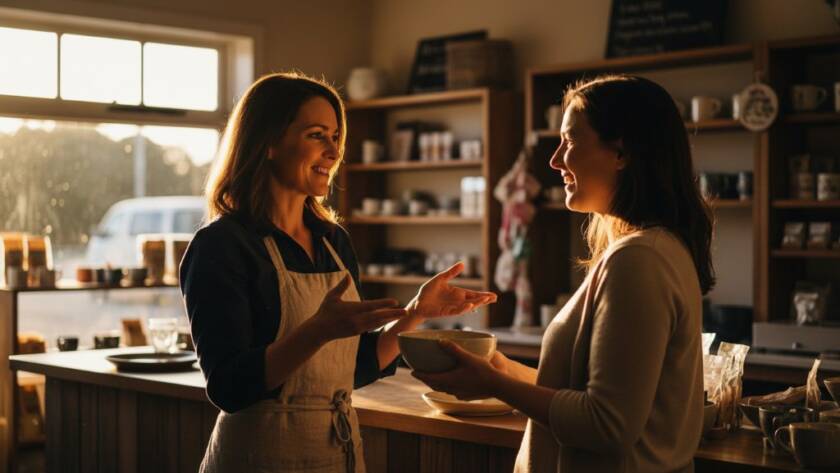 An epic, dramatically lit photograph of a Tooradin small business owner passionately discussing their craft with a customer inside their charming Tooradin shop, showcasing genuine interaction and professional Tooradin small business visual storytelling photography, with a beautiful golden hour glow highlighting their products.
