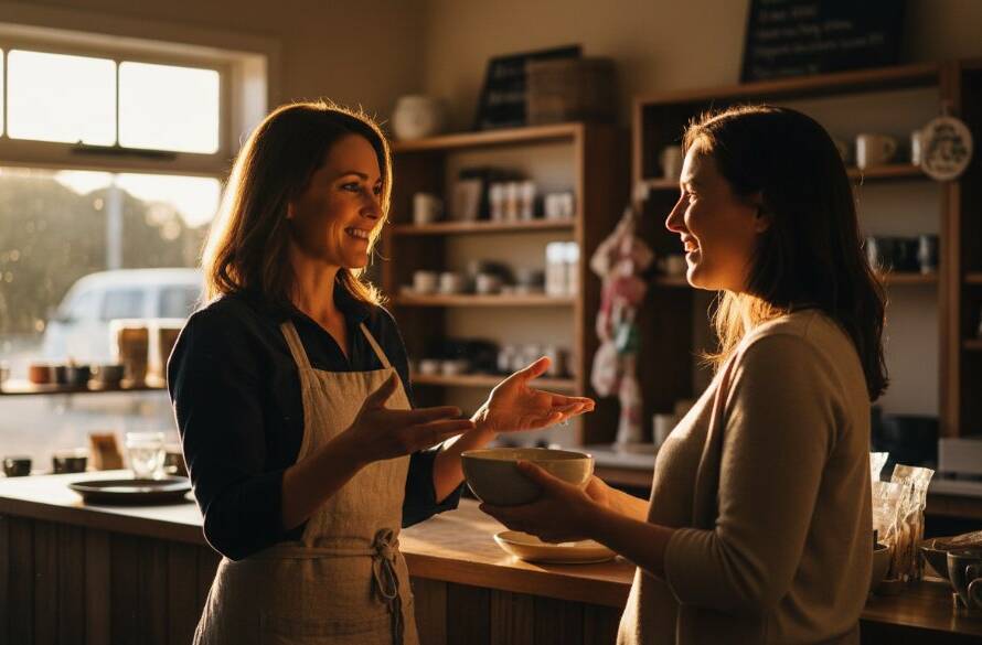 An epic, dramatically lit photograph of a Tooradin small business owner passionately discussing their craft with a customer inside their charming Tooradin shop, showcasing genuine interaction and professional Tooradin small business visual storytelling photography, with a beautiful golden hour glow highlighting their products.