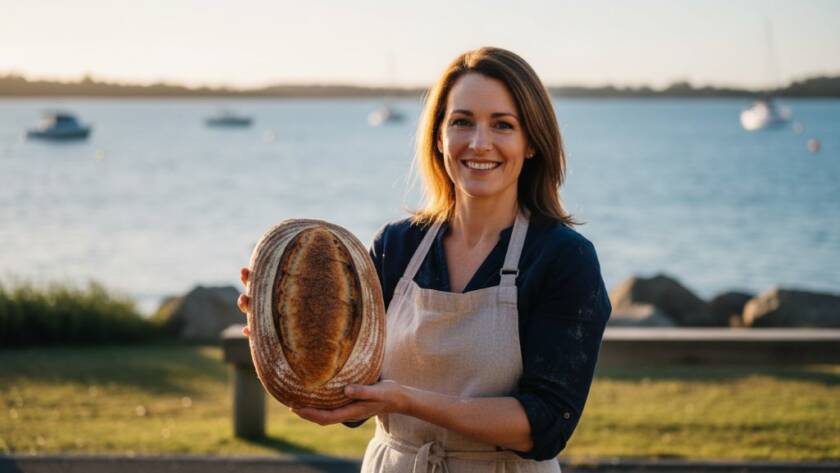 Dynamic wide shot capturing a local Tooradin business owner proudly showcasing their fresh produce at the Tooradin Foreshore, bathed in warm golden hour light, embodying Tooradin Strategic Advertising Photography Storytelling.