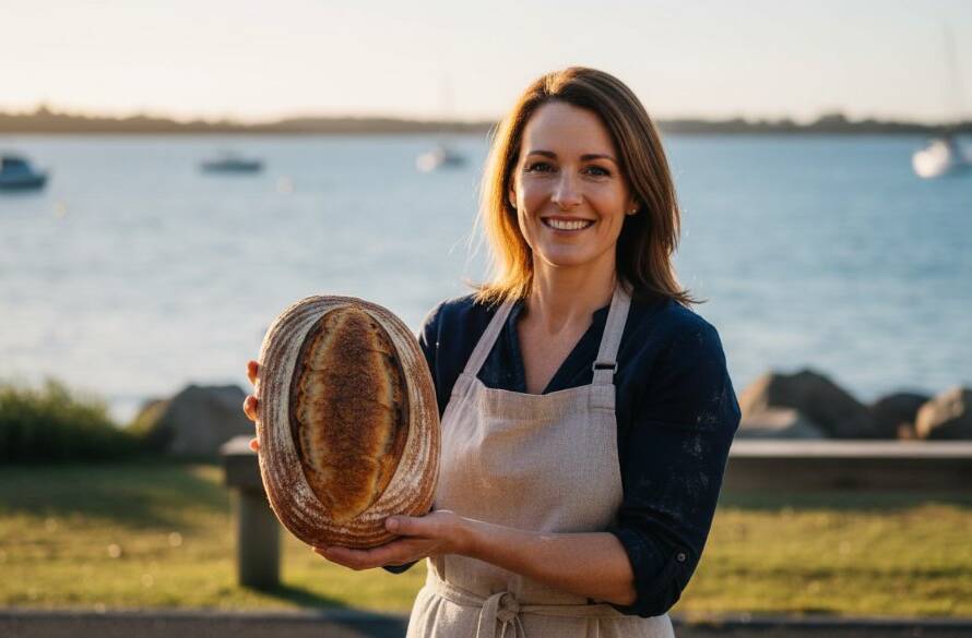 Dynamic wide shot capturing a local Tooradin business owner proudly showcasing their fresh produce at the Tooradin Foreshore, bathed in warm golden hour light, embodying Tooradin Strategic Advertising Photography Storytelling.